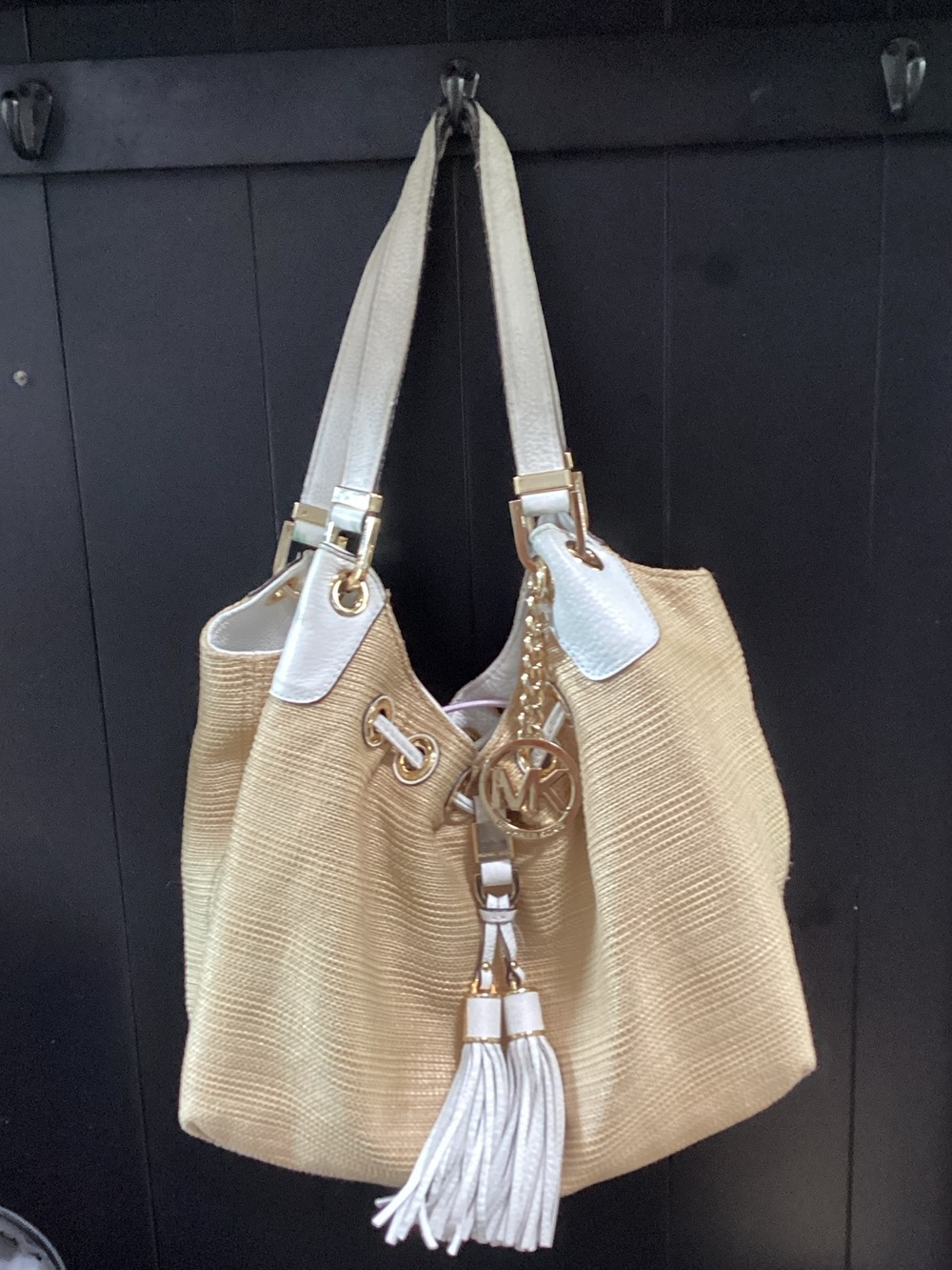 Michael Kors Camden Drawstring straw-look bag with White Leather trim